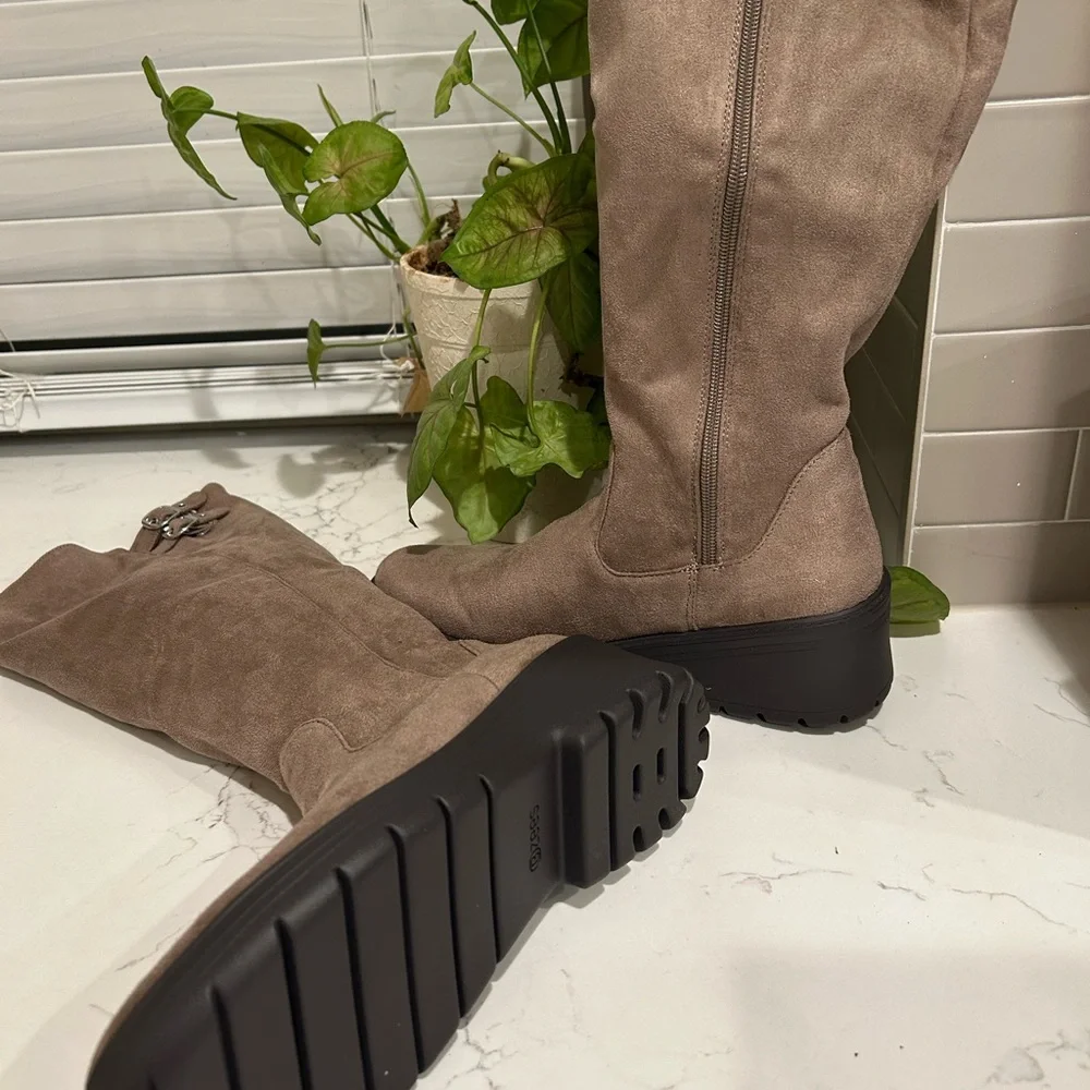 Bzees Taupe Over-the-Knee Suede Boots with Buckle Detail